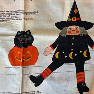 Vintage Halloween witch & black cat pumpkin cut & sew fabric NWT